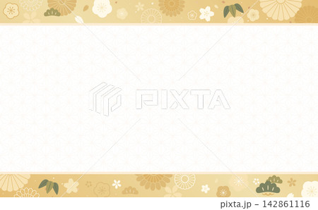 花と和風の金色背景フレーム1_横 142861116
