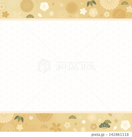 花と和風の金色背景フレーム1_正方形 142861118