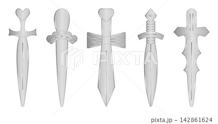 Metallic iron swords, shiny silver illustration set. Monochrome glossy steel vector RPG weapon symbols for UI, UX, mobile apps, web, game interfaces and inventory design 142861624