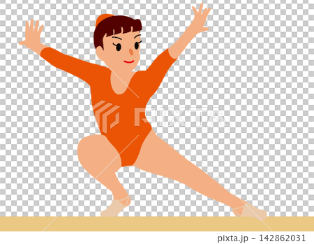 描繪女運動員參加體育比賽和體操運動員在平衡木上表演的插圖。 描繪女運動員參加體育比賽和體操運動員在平衡木上表演的插圖。 142862031
