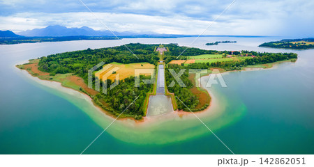 Herreninsel island aerial panoramic view, Bavaria 142862051