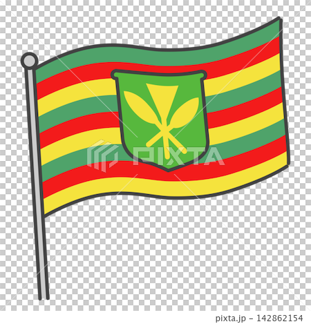 一面卡納卡毛利旗幟在風中飄揚,這是夏威夷原住民的象徵,旗幟旁立著旗桿。 一面卡納卡毛利旗幟在風中飄揚,這是夏威夷原住民的象徵,旗幟旁立著旗桿。 142862154