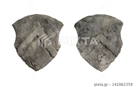 Stone heraldic shield with an engraved chevron isolated on white background with clipping path Stone heraldic shield with an engraved chevron isolated on white background with clipping path 142862359