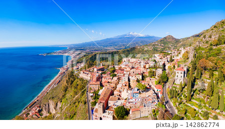 Taormina city, Etna volcano aerial panoramic view, Sicily 142862774
