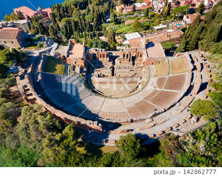 The Ancient Theatre of Taormina aerial panoramic view, Sicily 142862777