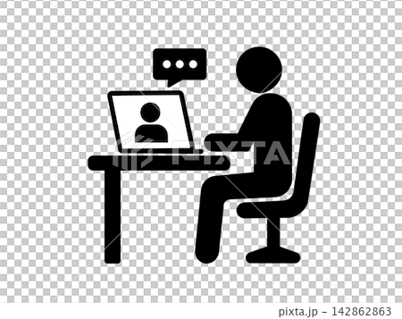 A pictogram representing remote work using a computer at home. A pictogram representing remote work using a computer at home. 142862863