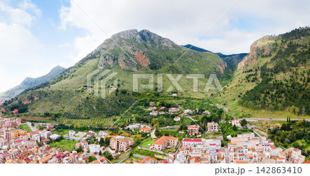 Castellammare del Golfo town aerial panoramic view Castellammare del Golfo town aerial panoramic view 142863410