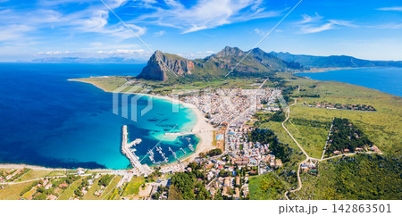 San Vito Lo Capo beach aerial panoramic view San Vito Lo Capo beach aerial panoramic view 142863501