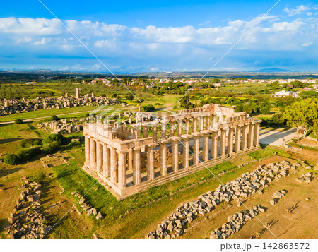 Hera Temple aerial panoramic view at Selinunte acropolis 142863572