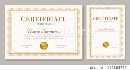 Set of 2 Elegant Certificate Templates with Decorative Border, Golden Seal. Golden Diploma in Horizontal and Vertical Layout. Set of 2 Elegant Certificate Templates with Decorative Border, Golden Seal. Golden Diploma in Horizontal and Vertical Layout. 142863783