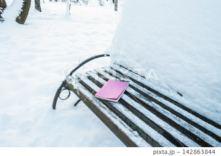 Book left on snowy park bench Book left on snowy park bench 142863844
