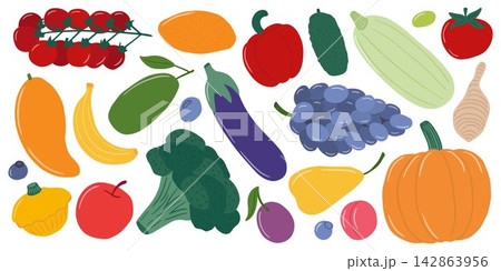 Set of fruits and vegetables in flat Set of fruits and vegetables in flat 142863956