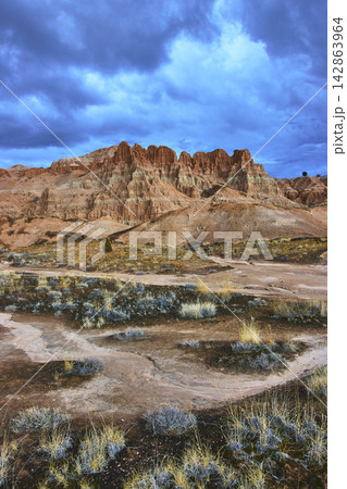 Cathedral Gorge State Park Dramatic Eroded Cliffs Desert Vegetation under Stormy Sky 142863964
