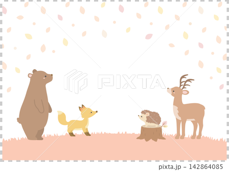 Autumn leaves and forest animals, autumn background illustration, pink Autumn leaves and forest animals, autumn background illustration, pink 142864085