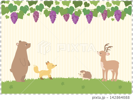 Autumn background with grapes and cute animals, yellow 142864088