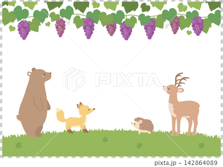 Autumn background with grapes and cute animals, white background 142864089