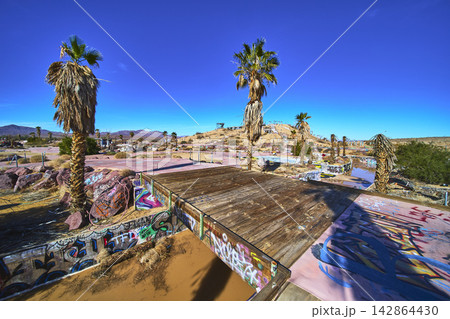 Abandoned Graffiti Covered Water Park with Palm Trees in California Desert Abandoned Graffiti Covered Water Park with Palm Trees in California Desert 142864430