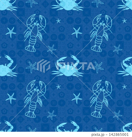 Seamless Marine Pattern with Crabs on Blue Checkered Seamless Marine Pattern with Crabs on Blue Checkered 142865001