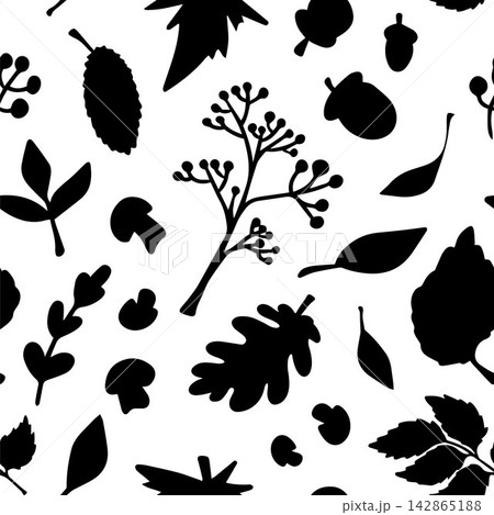 Vector seamless pattern with black autumn leaf silhouettes on white background. Fall botanical print for back to school, packaging, and paper. Vector seamless pattern with black autumn leaf silhouettes on white background. Fall botanical print for back to school, packaging, and paper. 142865188