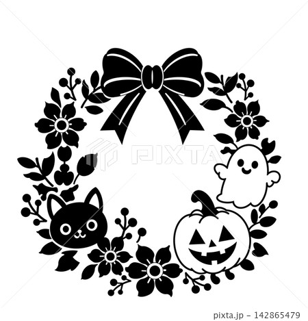 ハロウィンの招待状に使える黒猫とジャックオーランタンの花飾りフレーム（白黒） 142865479