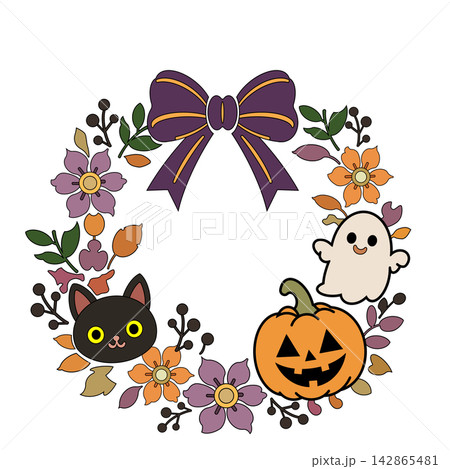 ハロウィンの招待状に使える黒猫とジャックオーランタンの花飾りフレーム（カラー） 142865481