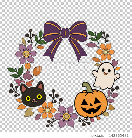 ハロウィンの招待状に使える黒猫とジャックオーランタンの花飾りフレーム（カラー） 142865481