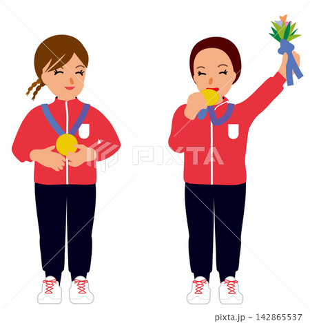 スポーツ大会の受賞式に臨む女子選手のイラスト・公式ユニフォーム姿でそれぞれ喜びを表す金メダリスト2 スポーツ大会の受賞式に臨む女子選手のイラスト・公式ユニフォーム姿でそれぞれ喜びを表す金メダリスト2 142865537