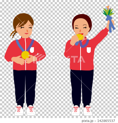 スポーツ大会の受賞式に臨む女子選手のイラスト・公式ユニフォーム姿でそれぞれ喜びを表す金メダリスト2 スポーツ大会の受賞式に臨む女子選手のイラスト・公式ユニフォーム姿でそれぞれ喜びを表す金メダリスト2 142865537