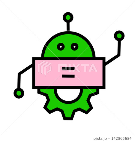 A stylized green robot icon resembling the Android mascot combined with a mechanical gear base and a pink banner across its body, featuring thin black outlines in a flat vector design. 142865684