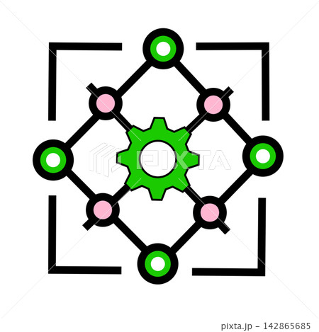 Technology and automation network icon featuring a green gear wheel inside a diamond-shaped neural network grid with green and pink nodes, framed by square corners, perfect for artificial intelligence 142865685