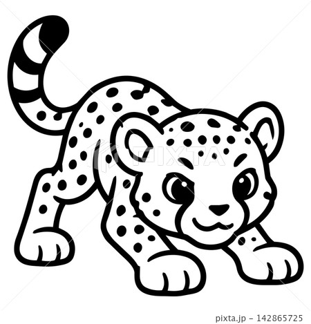 Playful cheetah cub cartoon outline presents cute cheerful wild animal character for kids coloring book page with simple creative line art design Playful cheetah cub cartoon outline presents cute cheerful wild animal character for kids coloring book page with simple creative line art design 142865725