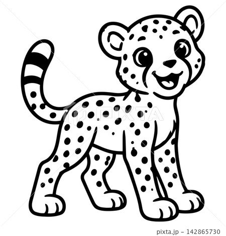 Cute happy baby cheetah animal coloring book page outline illustration for kids art project with cheerful facial expression on white background 142865730