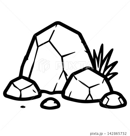 Cute stone rock outline illustration bringing cheerful nature vibes for kids animal coloring book page design with calm garden landscape elements isolated on white background 142865732