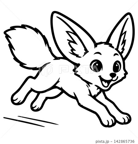 Cheerful cute fennec fox jumping with happy smile featured in line art page for kids animal coloring book project with fun desert wildlife character Cheerful cute fennec fox jumping with happy smile featured in line art page for kids animal coloring book project with fun desert wildlife character 142865736