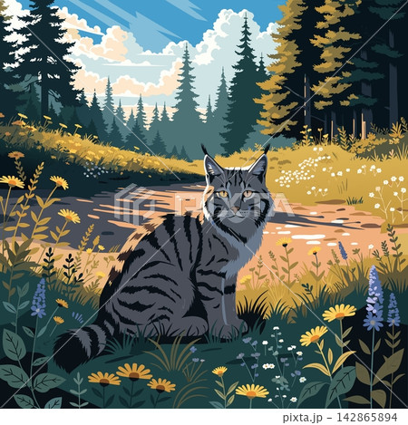This image appears to be a digital illustration of a grey tabby cat with tufted ears sitting on a path in a scenic pine forest This image appears to be a digital illustration of a grey tabby cat with tufted ears sitting on a path in a scenic pine forest 142865894