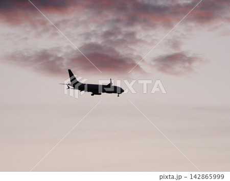 Airplane flying in the sky during sunset Airplane flying in the sky during sunset 142865999