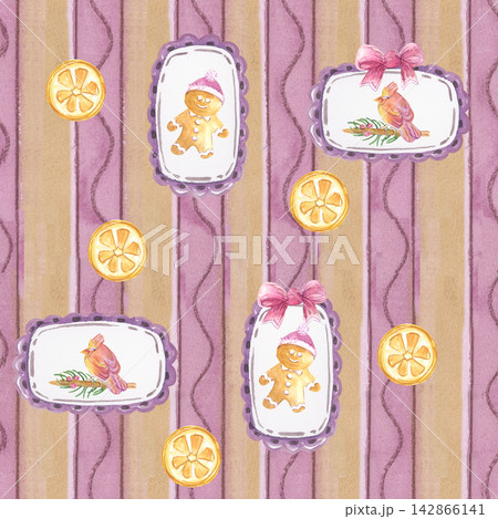 Watercolor seamless pattern with Christmas gingerbread man and cardinal bird frames. Hand drawn holiday background with orange slices on purple striped texture. Cozy winter festive wallpaper in cute v 142866141