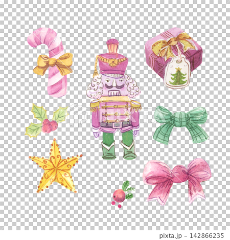 Watercolor nutcracker soldier with pink candy cane christmas gift star and ribbon bows illustration set. Elegant festive holiday traditional toy clip art elements collection for cards. Watercolor nutcracker soldier with pink candy cane christmas gift star and ribbon bows illustration set. Elegant festive holiday traditional toy clip art elements collection for cards. 142866235