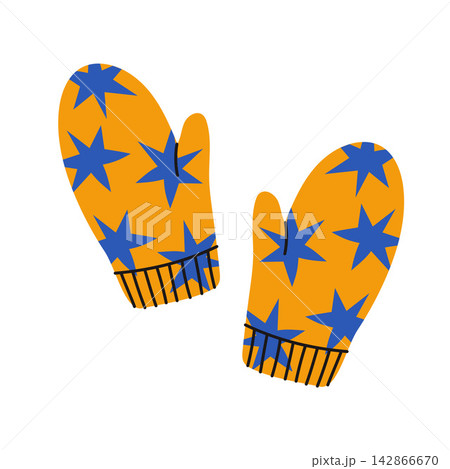Bright orange mittens decorated with blue stars and striped cuffs, isolated on white. Playful winter vector illustration for children, holiday crafts, apparel and seasonal projects. Bright orange mittens decorated with blue stars and striped cuffs, isolated on white. Playful winter vector illustration for children, holiday crafts, apparel and seasonal projects. 142866670