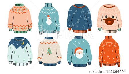 Set of eight cute knitted Christmas sweaters with snowmen, reindeer, trees, snowflakes and festive patterns, featuring colorful cozy designs isolated on white. 142866694