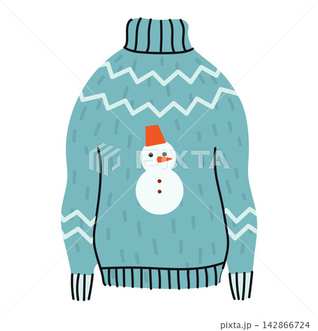 Cute light blue knitted Christmas sweater featuring a cheerful snowman, white zigzag details, ribbed collar and cuffs, isolated on white background in a cozy winter style. Cute light blue knitted Christmas sweater featuring a cheerful snowman, white zigzag details, ribbed collar and cuffs, isolated on white background in a cozy winter style. 142866724