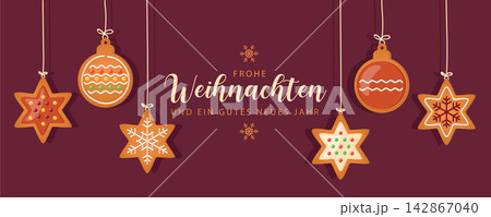 christmas card with hanging gingerbread cookies decoration vector illustration christmas card with hanging gingerbread cookies decoration vector illustration 142867040