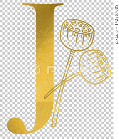 Golden letter J monogram with hand drawn outline lotus seed pod botanical illustration. Elegant luxury metallic gold alphabet design element for invitations. Initial winter decoration clip art. 142867085