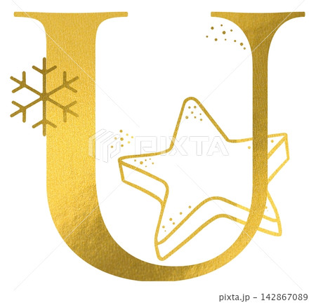 Golden letter U monogram with hand drawn outline star cookie and snowflake illustration. Elegant luxury metallic gold alphabet design element for invitations. Initial winter decoration clip art. 142867089