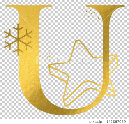Golden letter U monogram with hand drawn outline star cookie and snowflake illustration. Elegant luxury metallic gold alphabet design element for invitations. Initial winter decoration clip art. 142867089