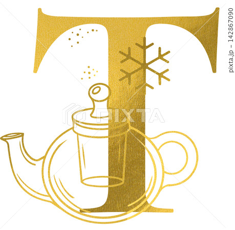 Golden letter T monogram with hand drawn outline teapot kettle and snowflake illustration. Elegant luxury metallic gold alphabet design element for invitations. Initial winter decoration clip art. 142867090