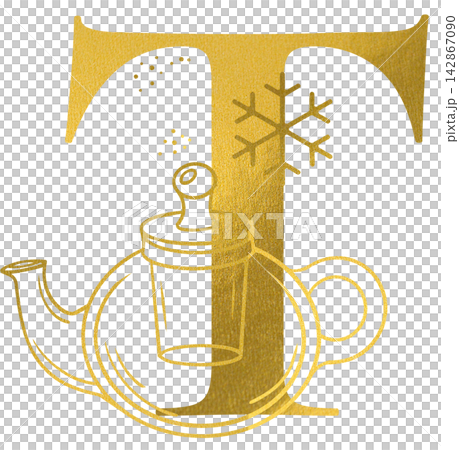 Golden letter T monogram with hand drawn outline teapot kettle and snowflake illustration. Elegant luxury metallic gold alphabet design element for invitations. Initial winter decoration clip art. 142867090