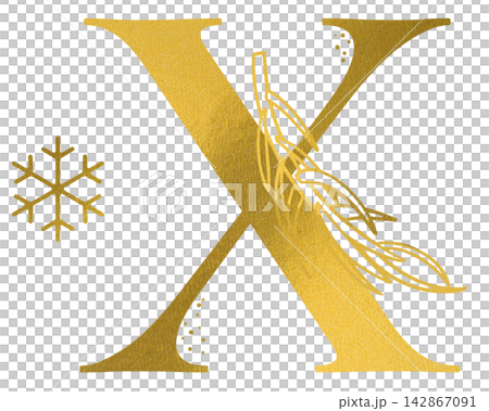 Golden letter X monogram with hand drawn outline rosemary branch and snowflake illustration. Elegant luxury metallic gold alphabet design element for invitations. Initial winter decoration clip art. 142867091