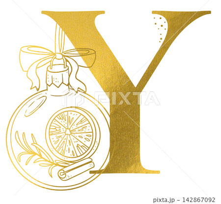 Golden letter Y monogram with hand drawn outline christmas bauble ball decoration illustration. Elegant luxury metallic gold alphabet design element for invitations. Initial winter clip art. 142867092