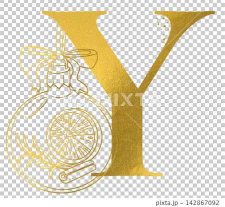 Golden letter Y monogram with hand drawn outline christmas bauble ball decoration illustration. Elegant luxury metallic gold alphabet design element for invitations. Initial winter clip art. 142867092